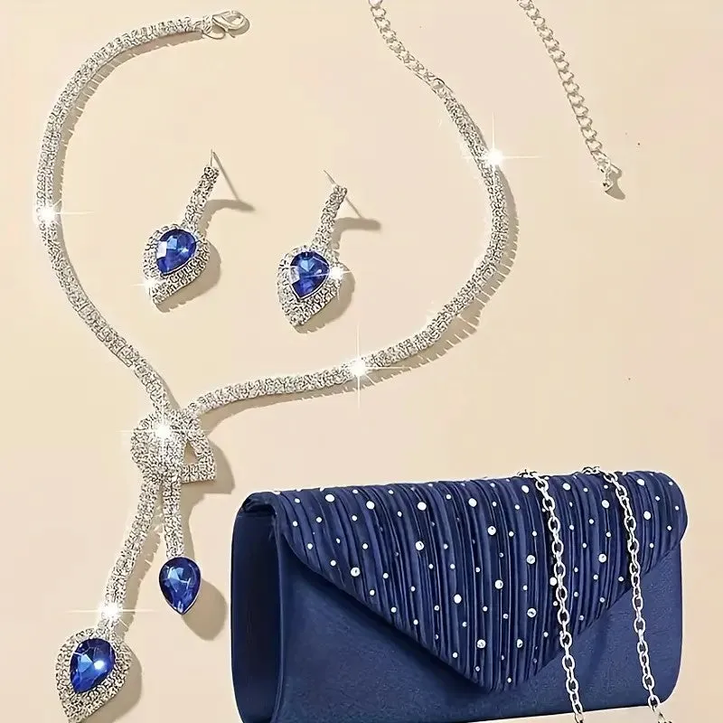 4pcs SILVER  Blue Jewelry Set l Rhinestone Earrings l Necklace l Bracelet l Prom l Wedding  JS-923