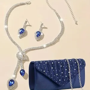 4pcs SILVER  Blue Jewelry Set l Rhinestone Earrings l Necklace l Bracelet l Prom l Wedding  JS-923