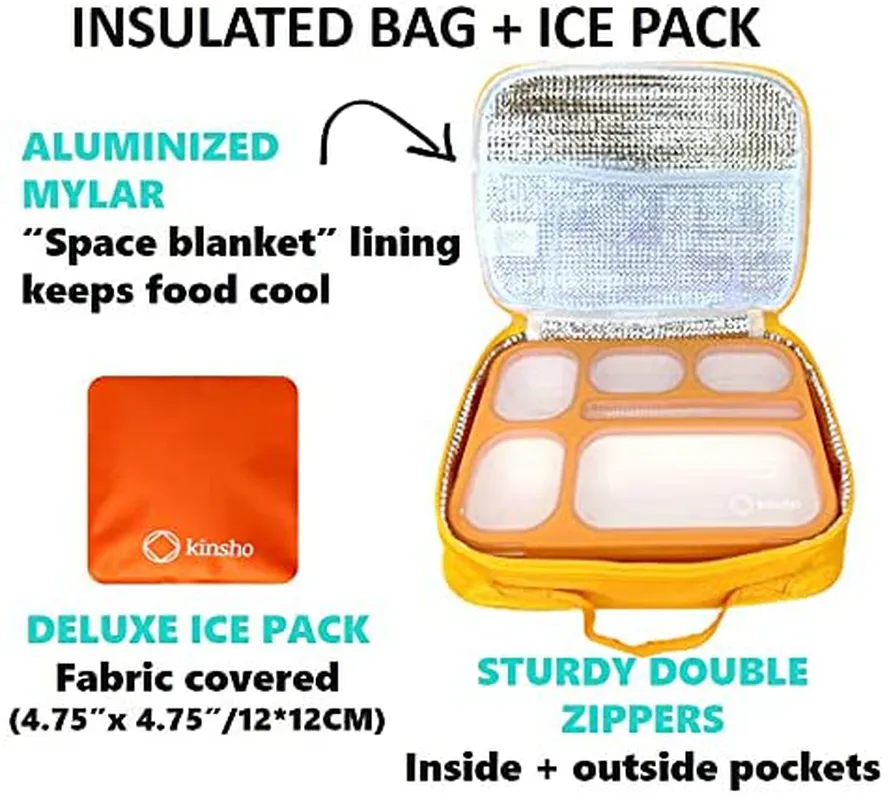 Bento-Box with Lunch Bag and Ice Pack Set. Lunch-Boxes Snack Containers for Kids Boys Girls Adults. 4 Compartments, Leakproof Portion Container, Insulated Bags for School Lunches, Yellow-Green