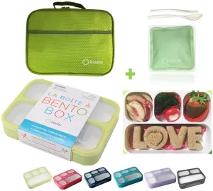 Bento-Box with Lunch Bag and Ice Pack Set. Lunch-Boxes Snack Containers for Kids Boys Girls Adults. 4 Compartments, Leakproof Portion Container, Insulated Bags for School Lunches, Yellow-Green