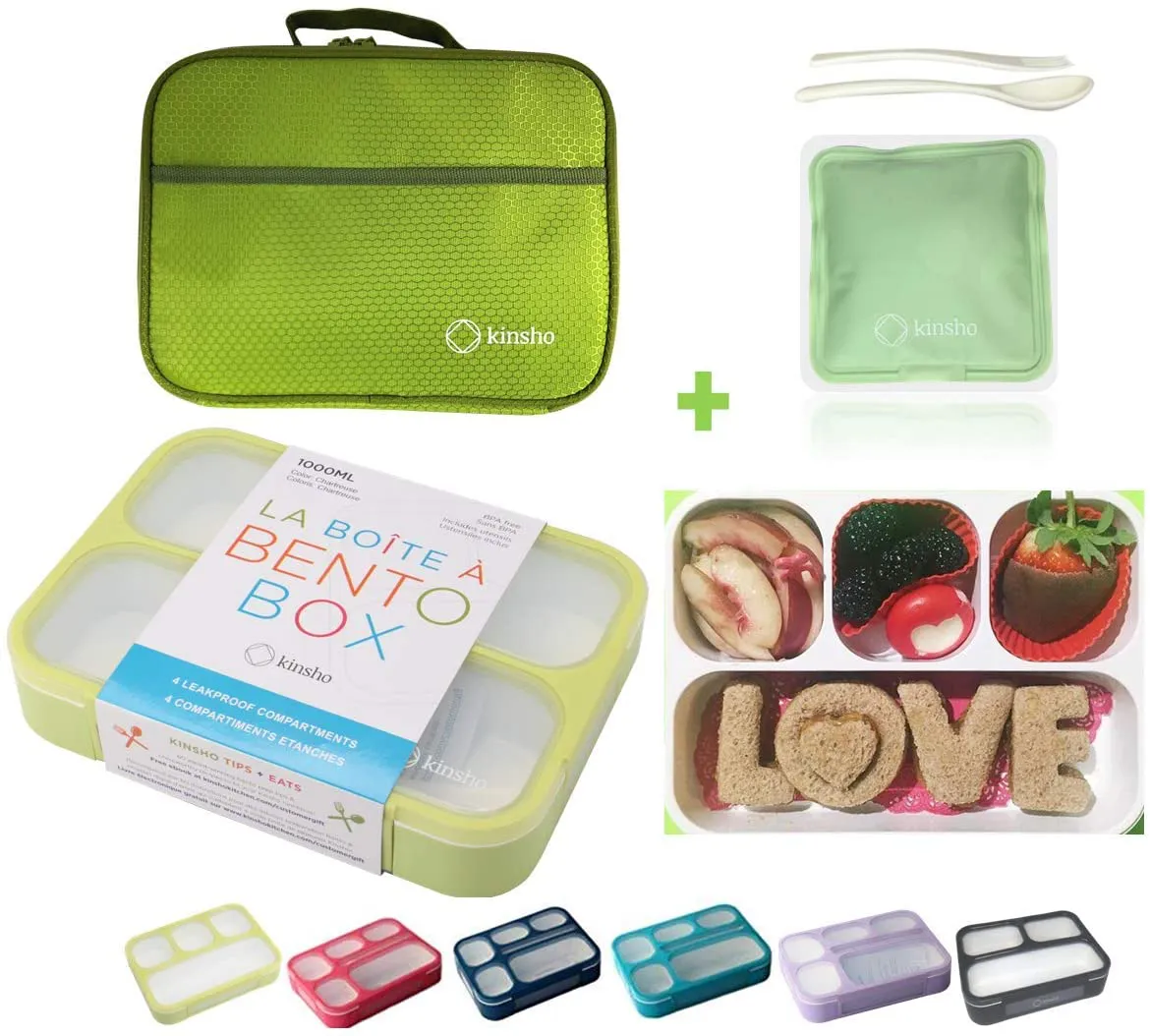 Bento-Box with Lunch Bag and Ice Pack Set. Lunch-Boxes Snack Containers for Kids Boys Girls Adults. 4 Compartments, Leakproof Portion Container, Insulated Bags for School Lunches, Yellow-Green