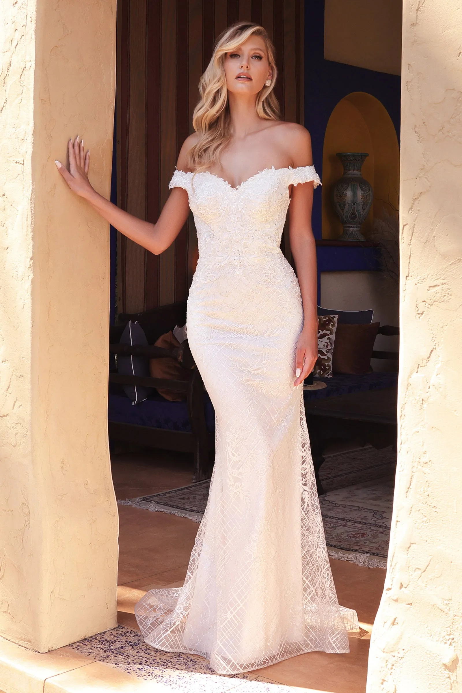 CINDERELLA DIVINE CD929 Sheath Off-Shoulder Bridal Gown