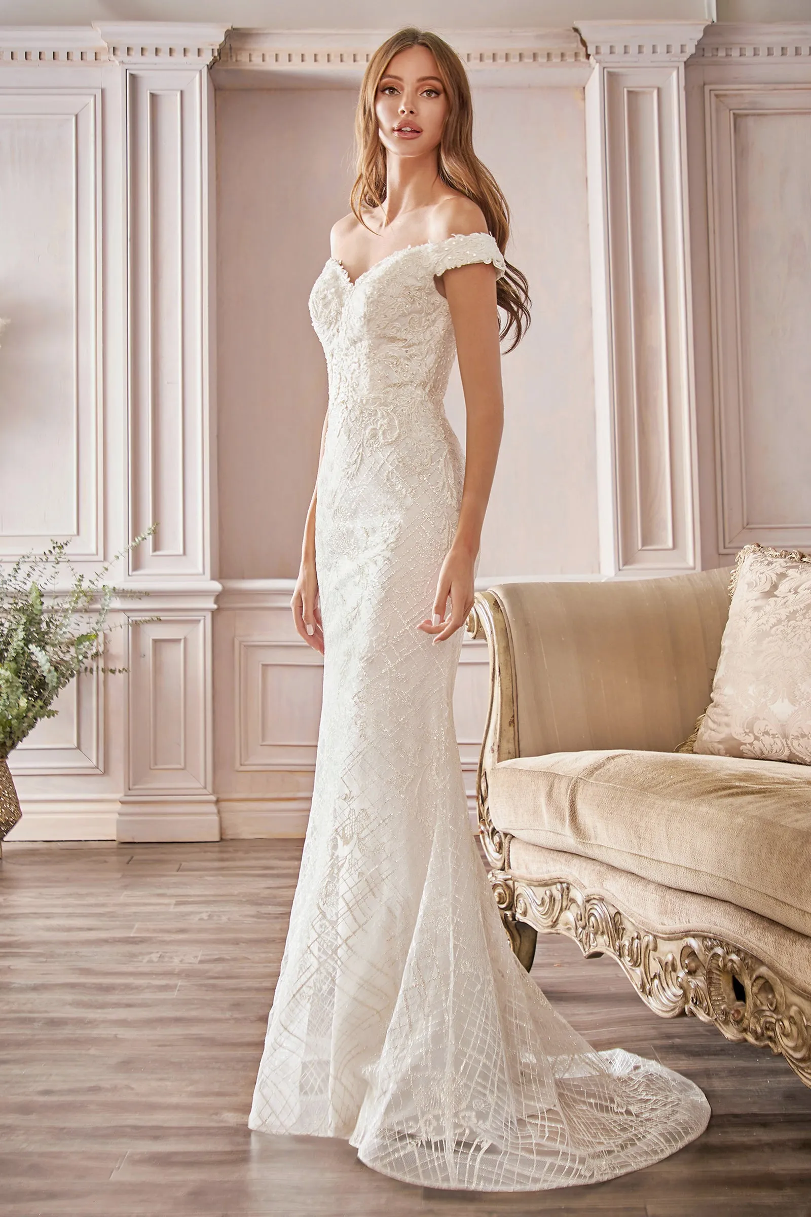 CINDERELLA DIVINE CD929 Sheath Off-Shoulder Bridal Gown
