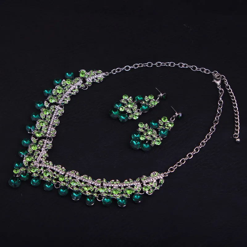 Crystal Necklace Earrings Jewelry Set Bridal Wedding Party Green Shiny Exquisite for Dates Parties