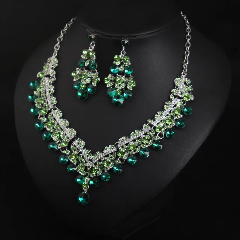 Crystal Necklace Earrings Jewelry Set Bridal Wedding Party Green Shiny Exquisite for Dates Parties