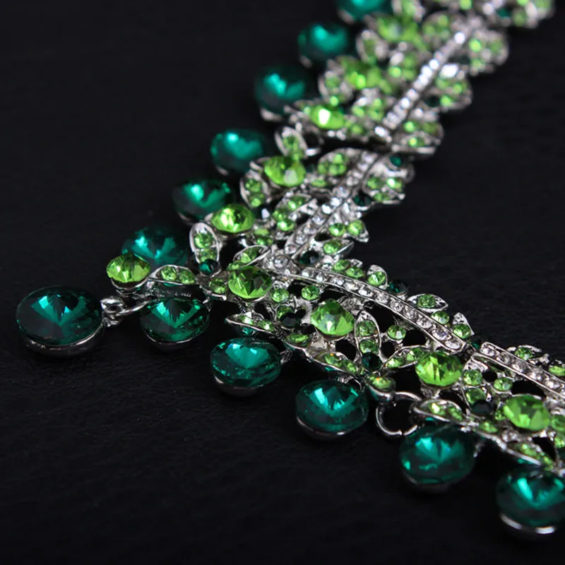 Crystal Necklace Earrings Jewelry Set Bridal Wedding Party Green Shiny Exquisite for Dates Parties