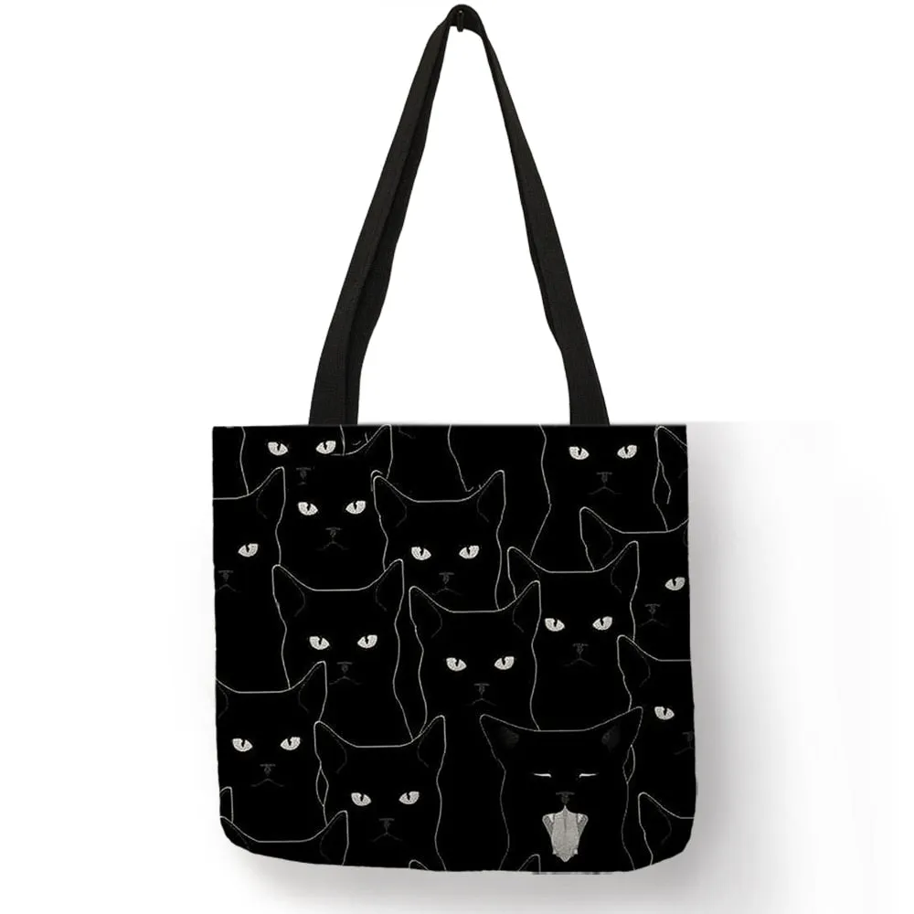 Cute Black Cat Print Linen Foldable Tote Bag