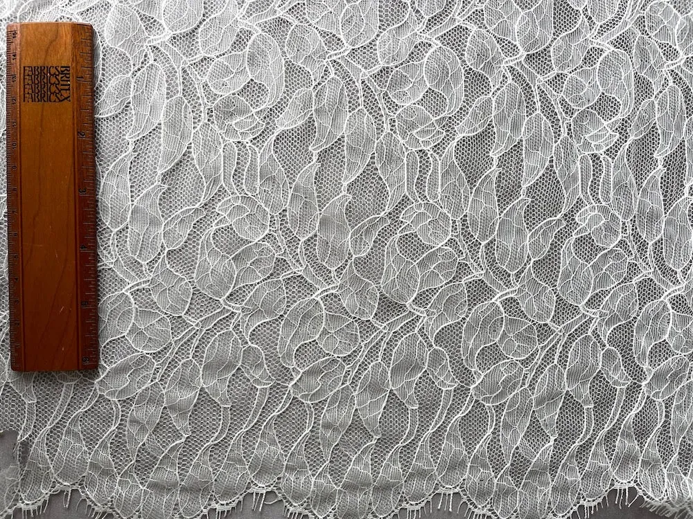 Double Scallop Vining Leaves Soft White Chantilly Lace Fabric (Made in USA)