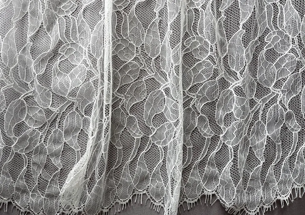 Double Scallop Vining Leaves Soft White Chantilly Lace Fabric (Made in USA)