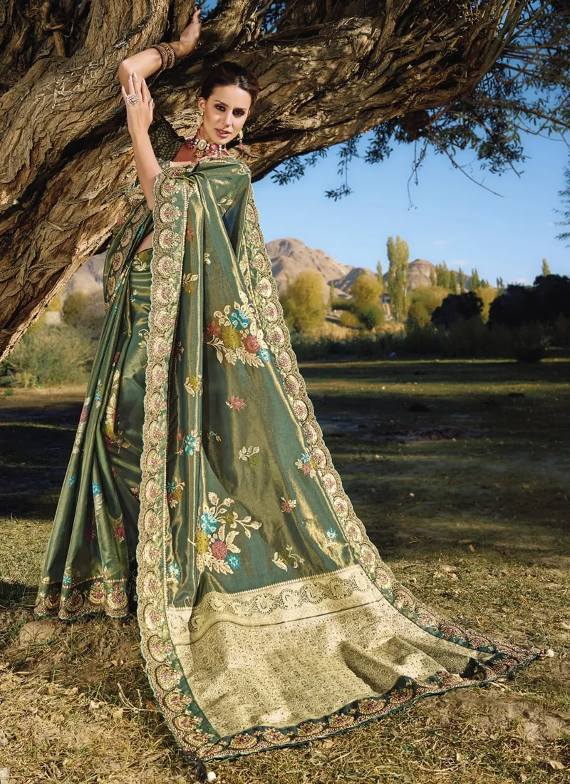 Ebony Green Exquisite Wedding Saree with Original Mirror & Cut Dana Work