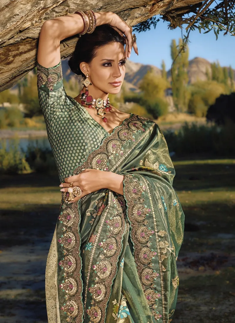 Ebony Green Exquisite Wedding Saree with Original Mirror & Cut Dana Work