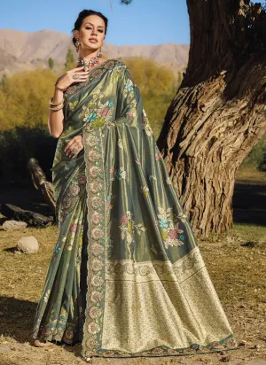 Ebony Green Exquisite Wedding Saree with Original Mirror & Cut Dana Work