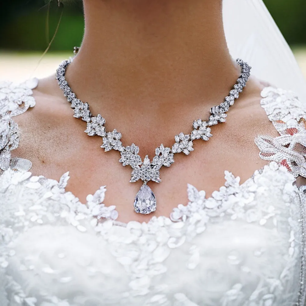 Exquisite Leaf & Flora Bridal Jewellery Set, Cubic Zirconia Necklace and Earrings Set