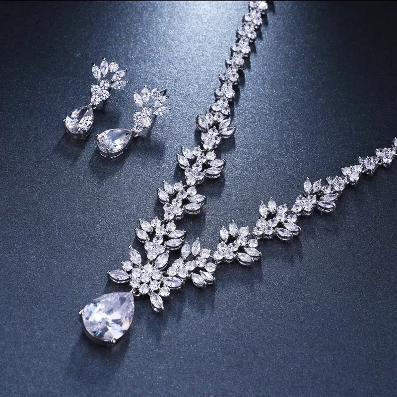 Exquisite Leaf & Flora Bridal Jewellery Set, Cubic Zirconia Necklace and Earrings Set