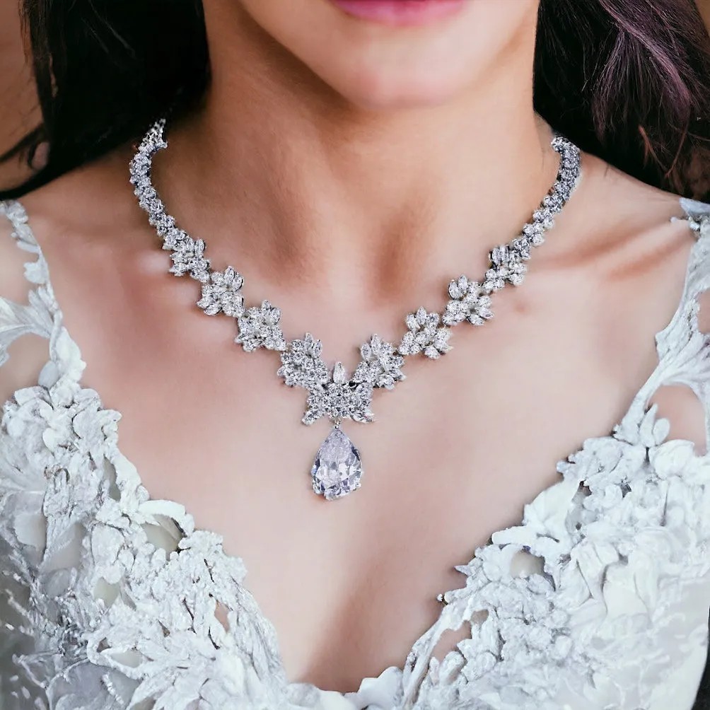 Exquisite Leaf & Flora Bridal Jewellery Set, Cubic Zirconia Necklace and Earrings Set