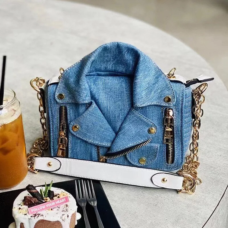 FIRMRANCH Vintage Washed Brushed Denim Motorcycle Small Jacket Modeling Chain Shoulder Wide Webbing Crossbody Bag Woman Purse
