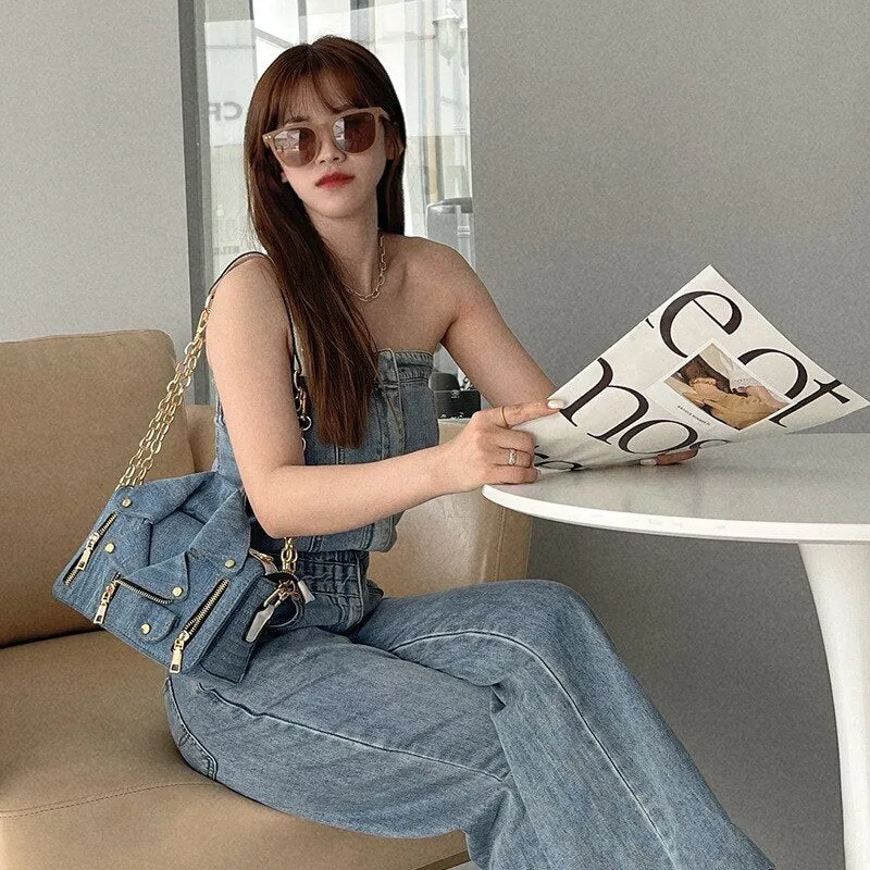 FIRMRANCH Vintage Washed Brushed Denim Motorcycle Small Jacket Modeling Chain Shoulder Wide Webbing Crossbody Bag Woman Purse