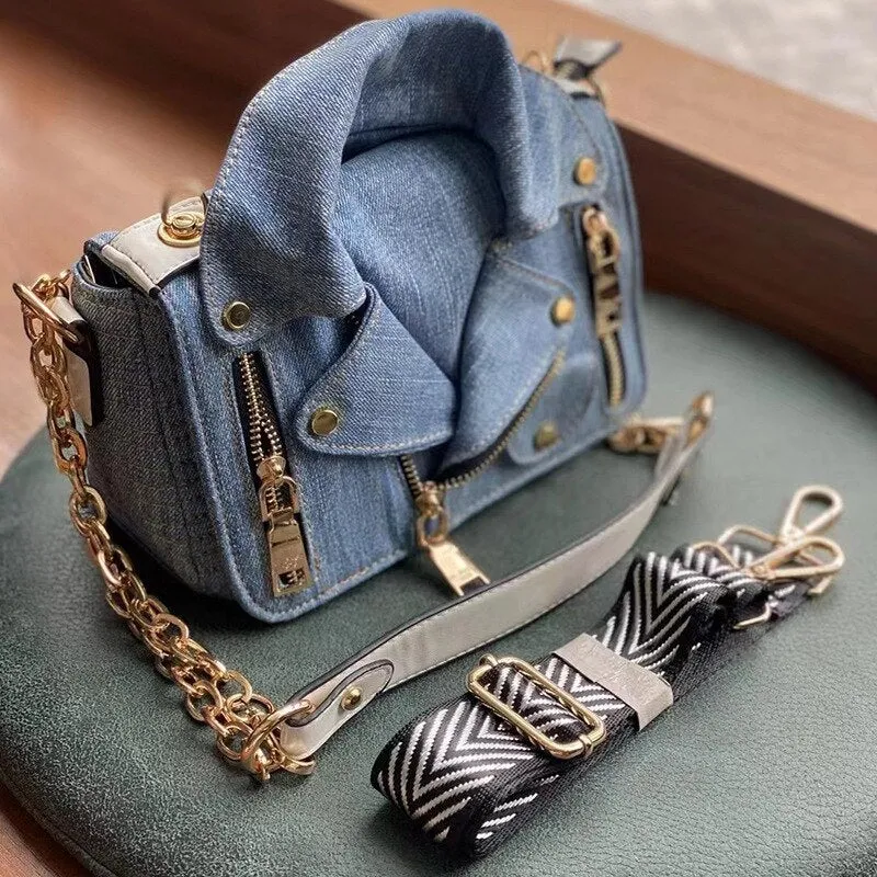 FIRMRANCH Vintage Washed Brushed Denim Motorcycle Small Jacket Modeling Chain Shoulder Wide Webbing Crossbody Bag Woman Purse