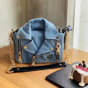 FIRMRANCH Vintage Washed Brushed Denim Motorcycle Small Jacket Modeling Chain Shoulder Wide Webbing Crossbody Bag Woman Purse