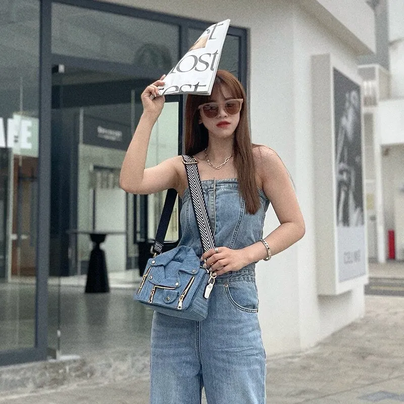 FIRMRANCH Vintage Washed Brushed Denim Motorcycle Small Jacket Modeling Chain Shoulder Wide Webbing Crossbody Bag Woman Purse