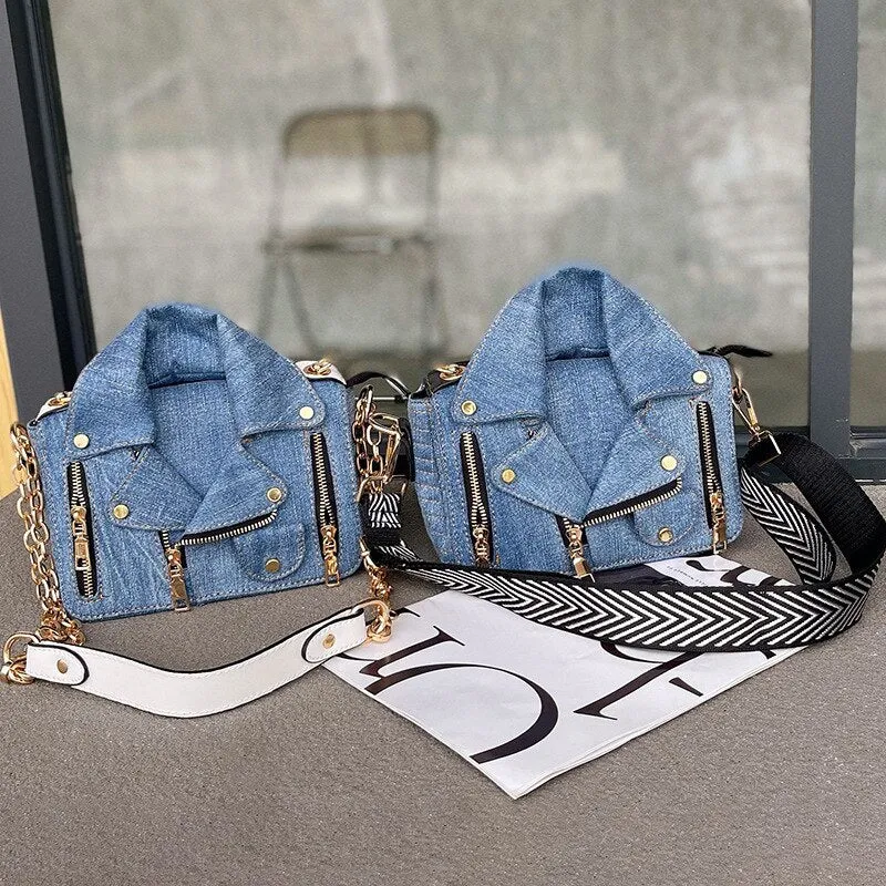 FIRMRANCH Vintage Washed Brushed Denim Motorcycle Small Jacket Modeling Chain Shoulder Wide Webbing Crossbody Bag Woman Purse