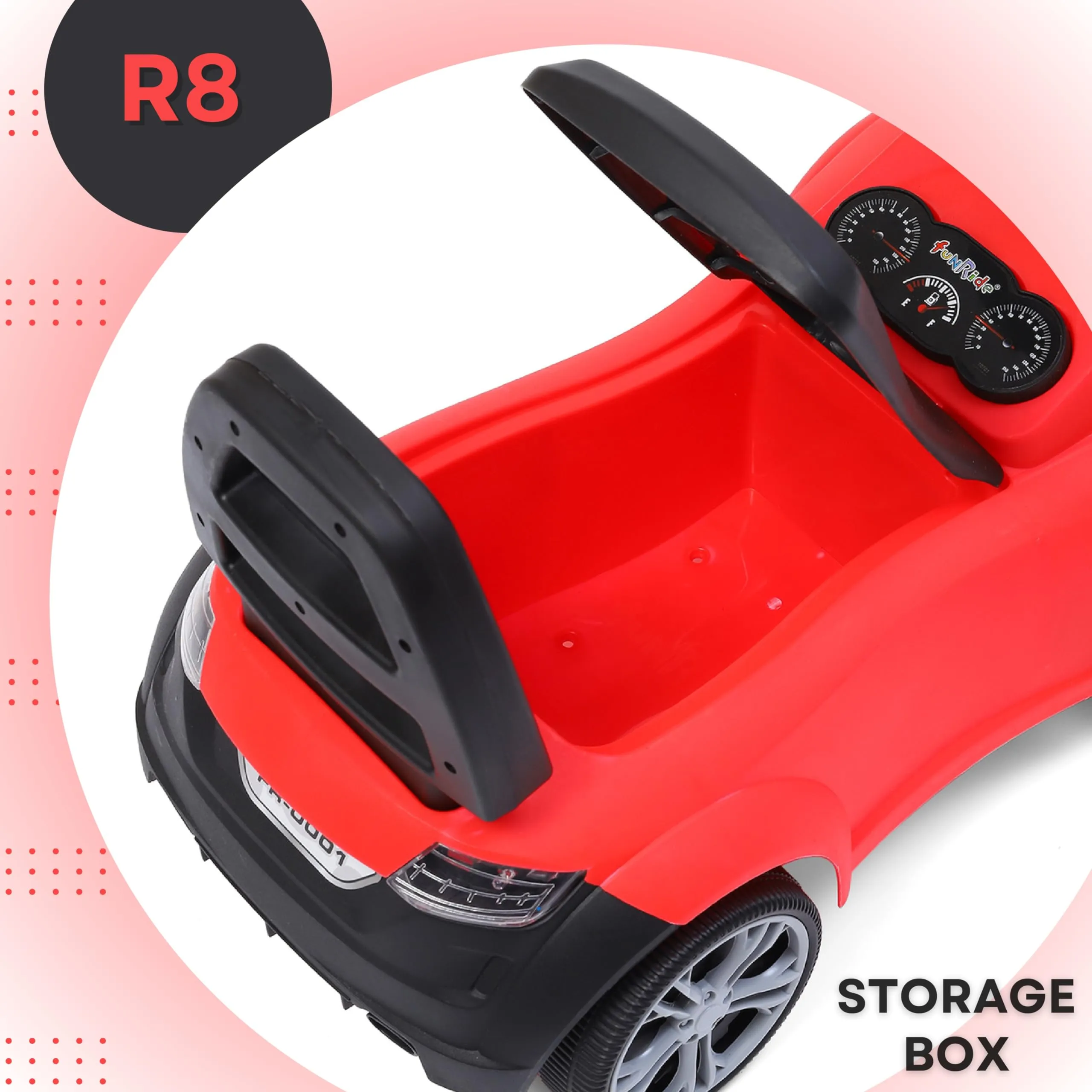 Fun Ride R8 Kids Push Ride On Push Car with Horn,Music, Light, Backrest and Under Seat Storage - 1 to 3 Years Universal Wheels, Kids Indoor/Outdoor Toy Car for Boys&Girls- (Upto 20 Kg),Red