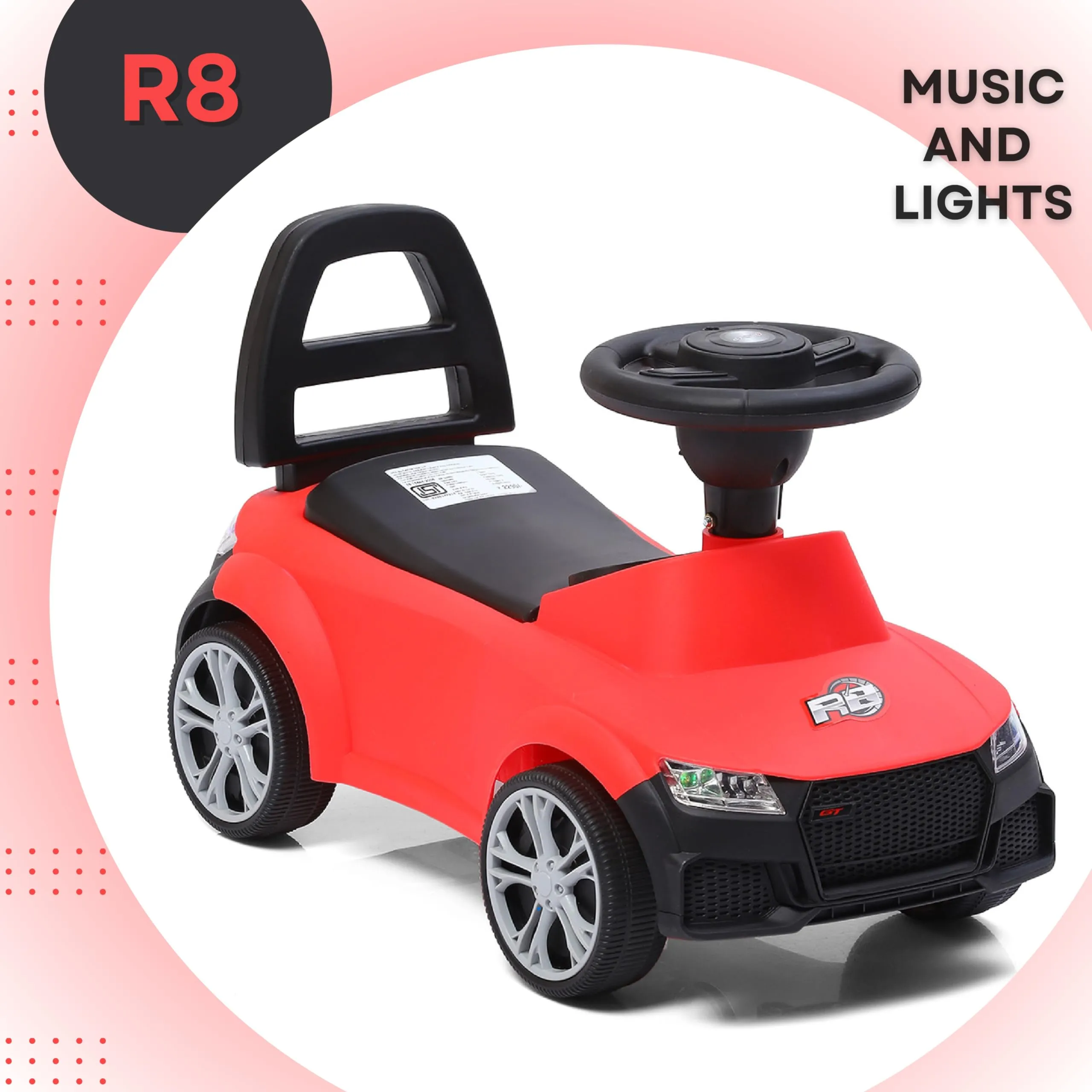 Fun Ride R8 Kids Push Ride On Push Car with Horn,Music, Light, Backrest and Under Seat Storage - 1 to 3 Years Universal Wheels, Kids Indoor/Outdoor Toy Car for Boys&Girls- (Upto 20 Kg),Red