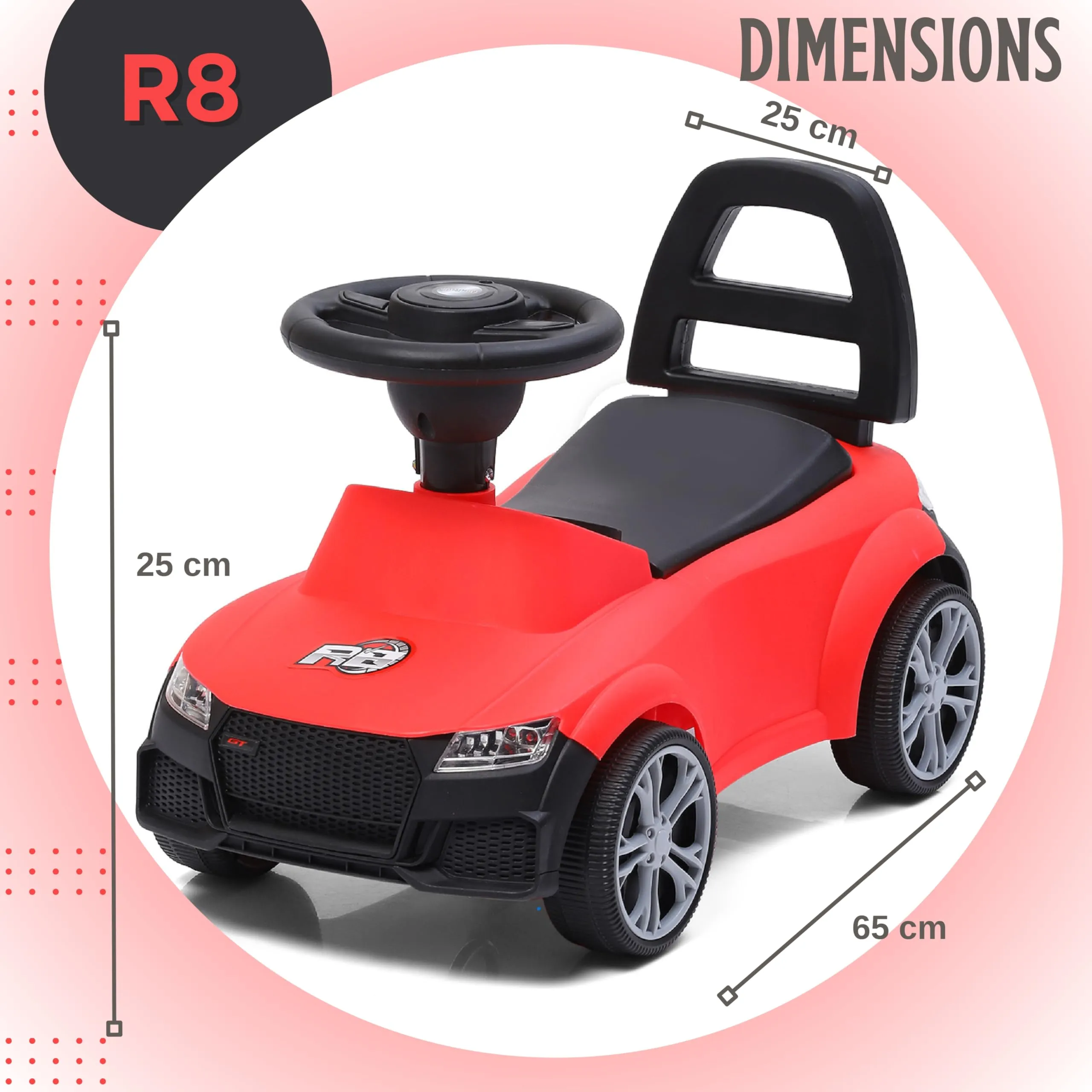 Fun Ride R8 Kids Push Ride On Push Car with Horn,Music, Light, Backrest and Under Seat Storage - 1 to 3 Years Universal Wheels, Kids Indoor/Outdoor Toy Car for Boys&Girls- (Upto 20 Kg),Red