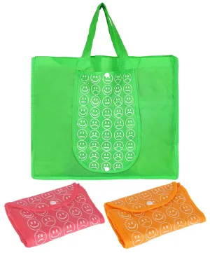 Heart Home Smiley Printed Eco Friendly Foldable Reusable Non-Woven Shopping Grocery Bag with One Small Pocket- Pack of 3 (Green & Deep Yellow & Pink) -45LUGHH0218