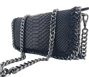 Italian Designer Soft Leather Snakeskin Print Chain Crossbody - Black