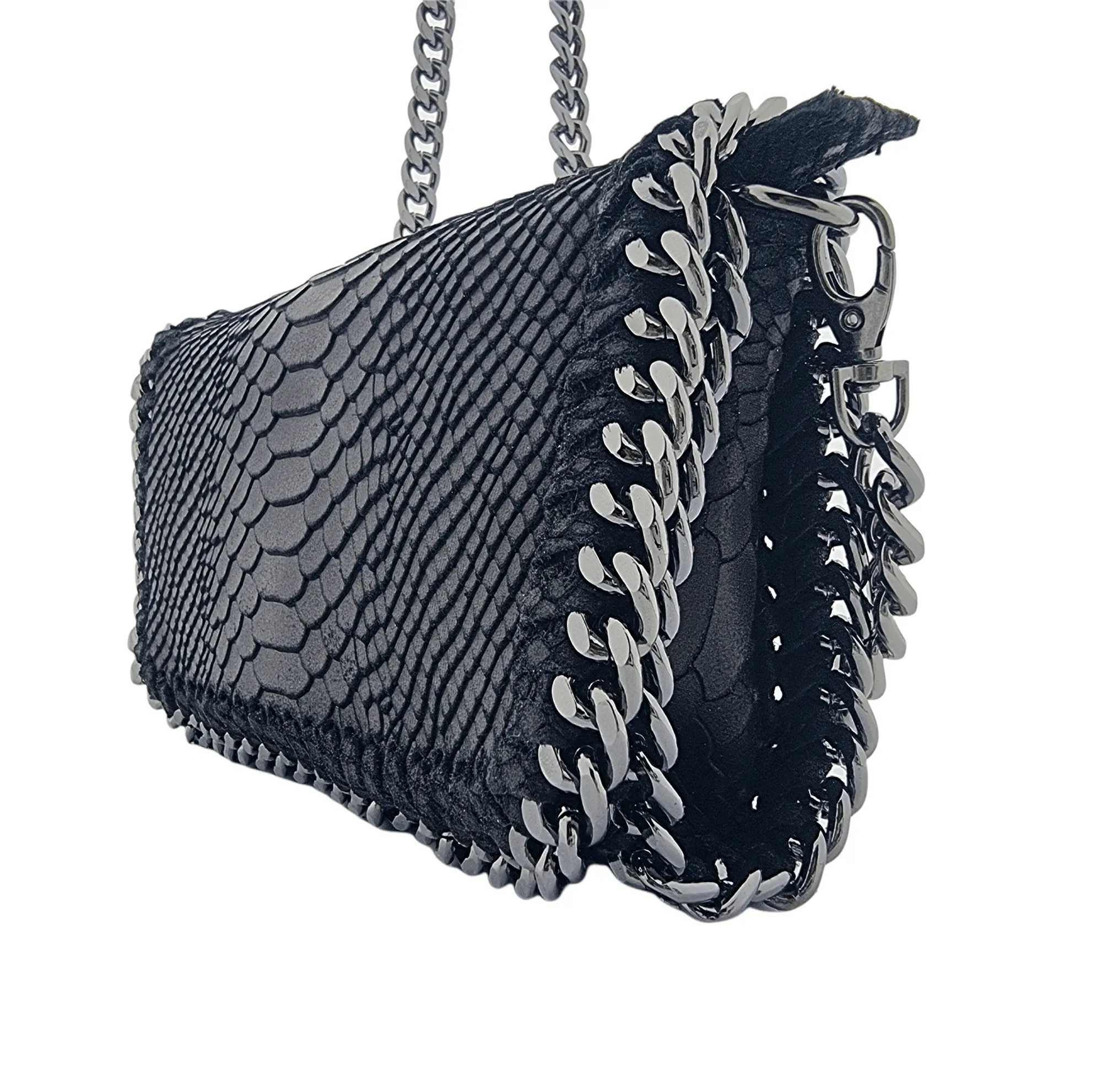 Italian Designer Soft Leather Snakeskin Print Chain Crossbody - Black