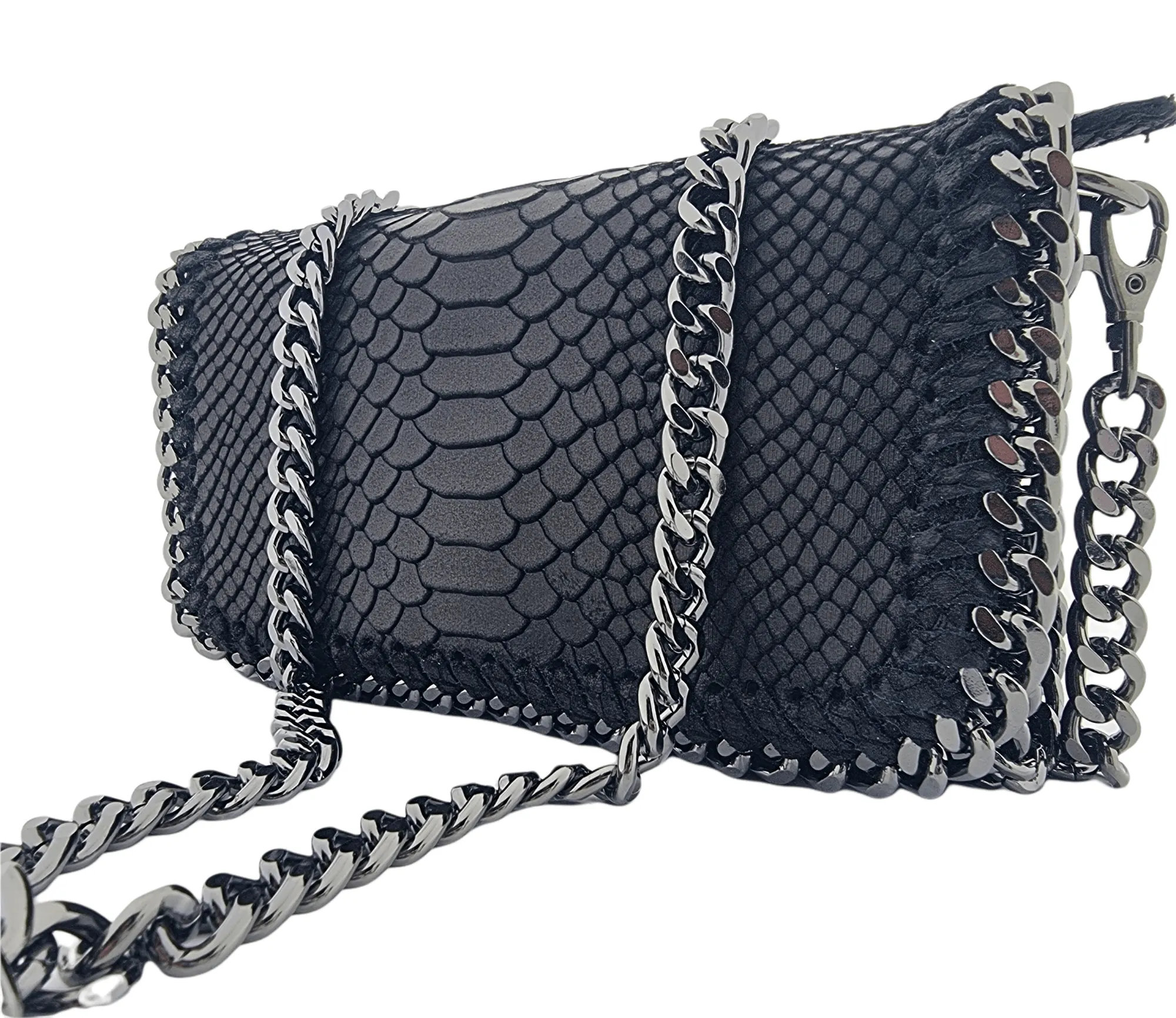 Italian Designer Soft Leather Snakeskin Print Chain Crossbody - Black