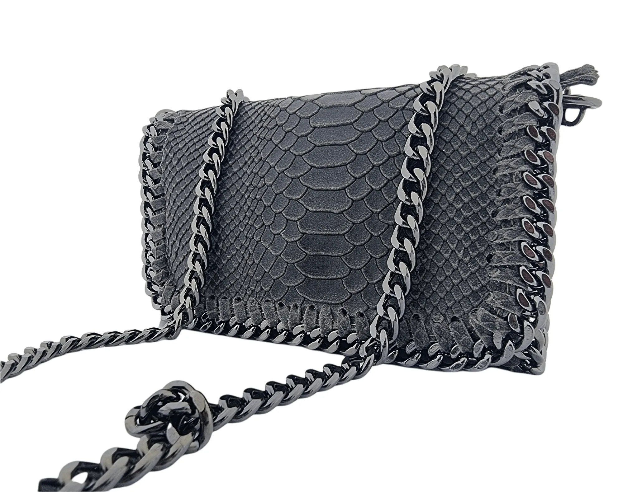 Italian Designer Soft Leather Snakeskin Print Chain Crossbody - Black