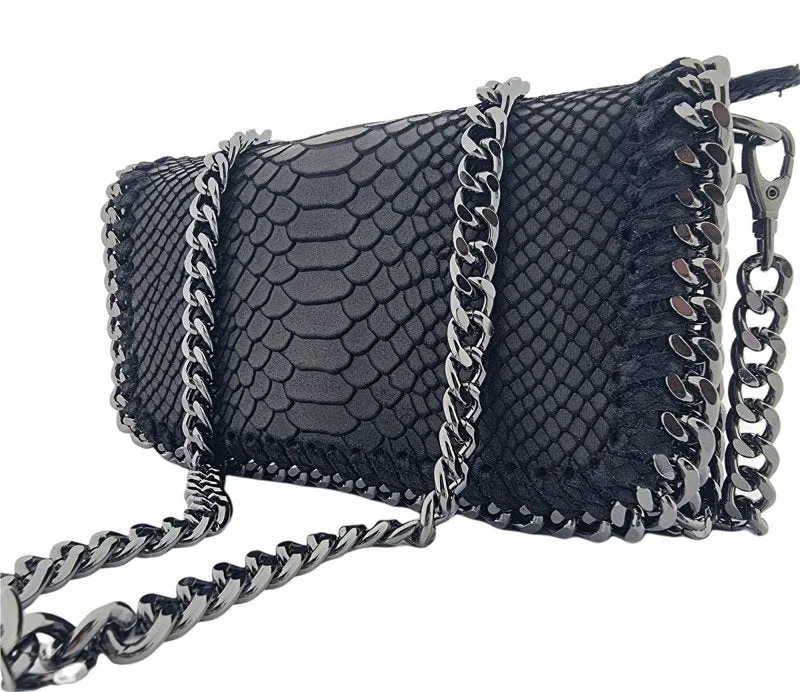 Italian Designer Soft Leather Snakeskin Print Chain Crossbody - Black
