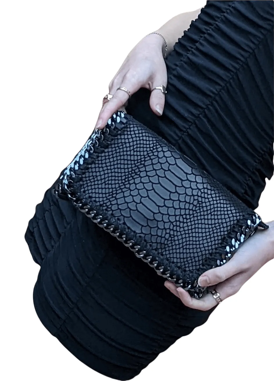 Italian Designer Soft Leather Snakeskin Print Chain Crossbody - Black