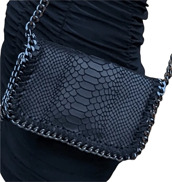 Italian Designer Soft Leather Snakeskin Print Chain Crossbody - Black