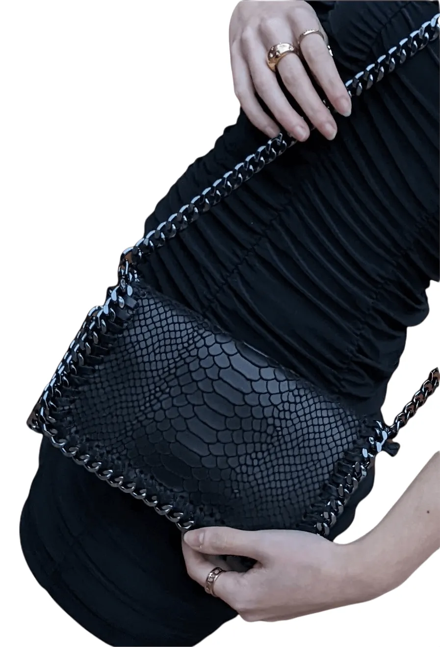Italian Designer Soft Leather Snakeskin Print Chain Crossbody - Black