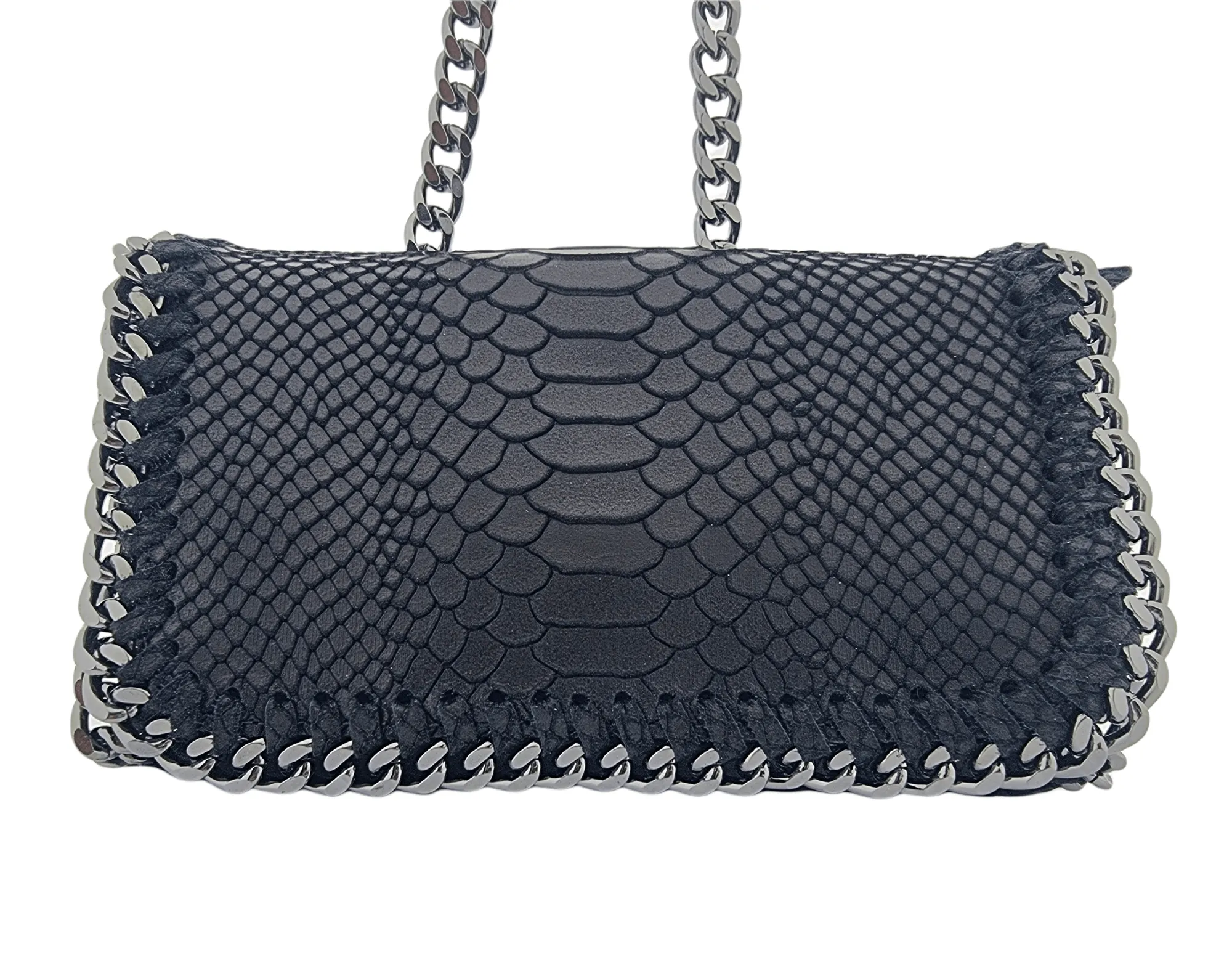 Italian Designer Soft Leather Snakeskin Print Chain Crossbody - Black