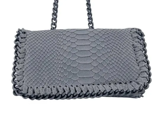 Italian Designer Soft Leather Snakeskin Print Chain Crossbody - Grey