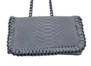Italian Designer Soft Leather Snakeskin Print Chain Crossbody - Grey