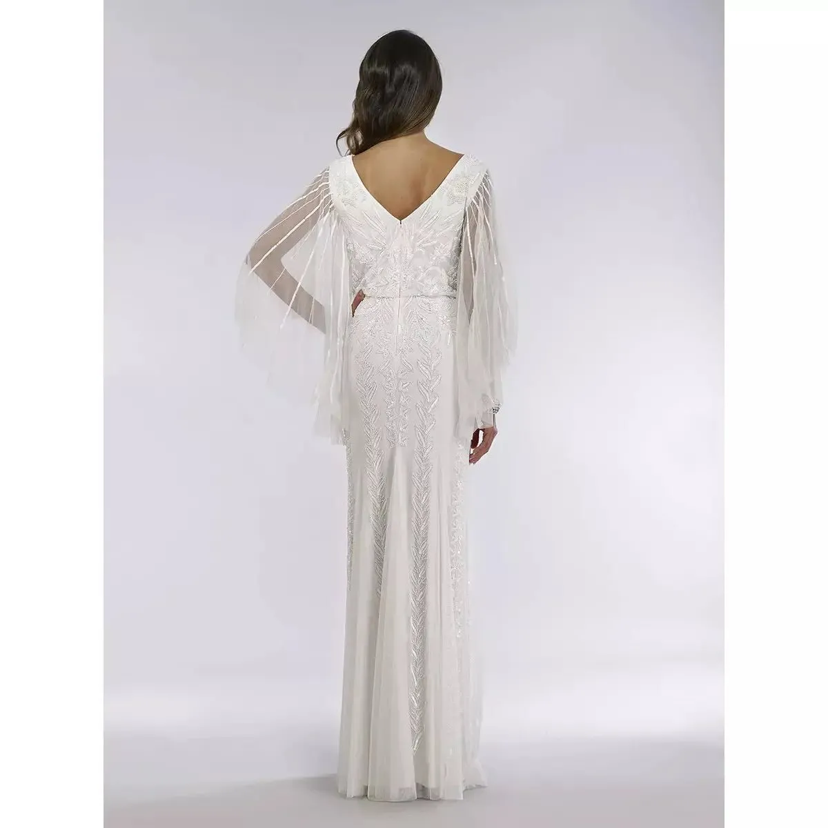 LARA 51046 ELLA BEADED CAPE SLEEVE WEDDING DRESS