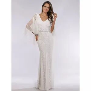 LARA 51046 ELLA BEADED CAPE SLEEVE WEDDING DRESS