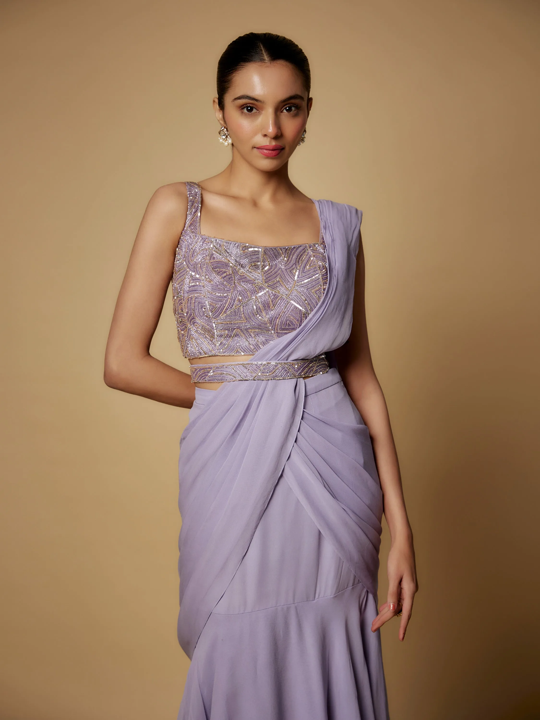 Lilac Georgette Draped Saree with Embroidered Blouse and Belt