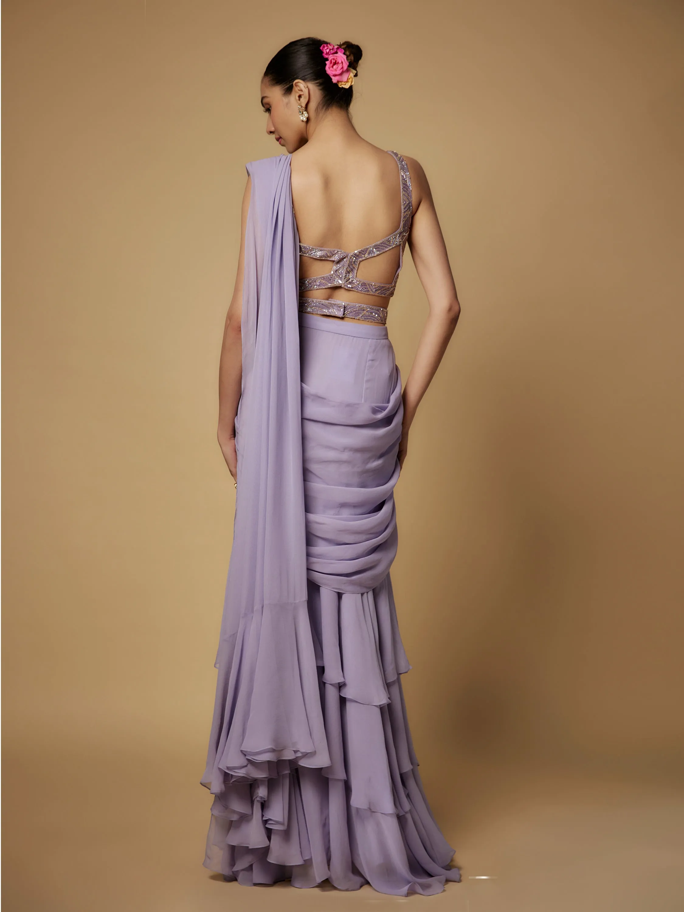 Lilac Georgette Draped Saree with Embroidered Blouse and Belt