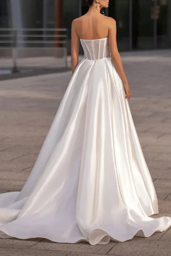 Luolandi A line Sweetheart Simple Satin Wedding Dress Bridal Dress Off Shoulder Sparkly Sexy