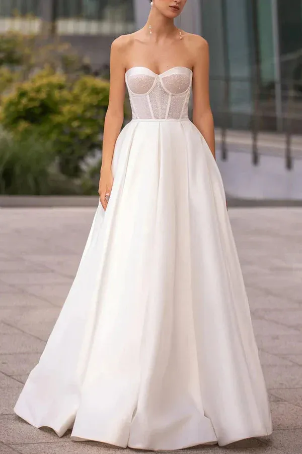Luolandi A line Sweetheart Simple Satin Wedding Dress Bridal Dress Off Shoulder Sparkly Sexy