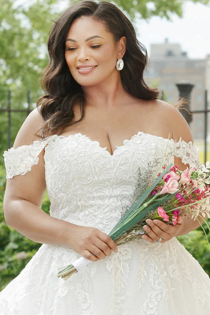 Michelle Bridal For Sydney's Closet MB2310 Soft Bridal Tulle Over Embossed Tulle Floral Pattern Embroidered Lace Appliques Clear Sequins Off The Shoulder Lace Straps  Plus Size "Denali" Bridal Gown