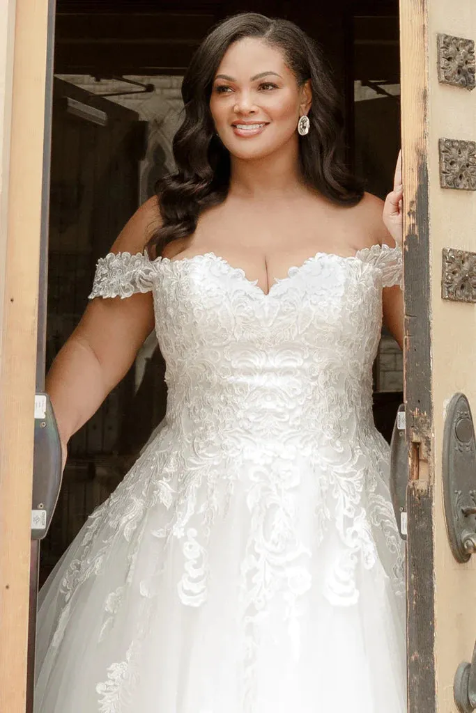Michelle Bridal For Sydney's Closet MB2310 Soft Bridal Tulle Over Embossed Tulle Floral Pattern Embroidered Lace Appliques Clear Sequins Off The Shoulder Lace Straps  Plus Size "Denali" Bridal Gown