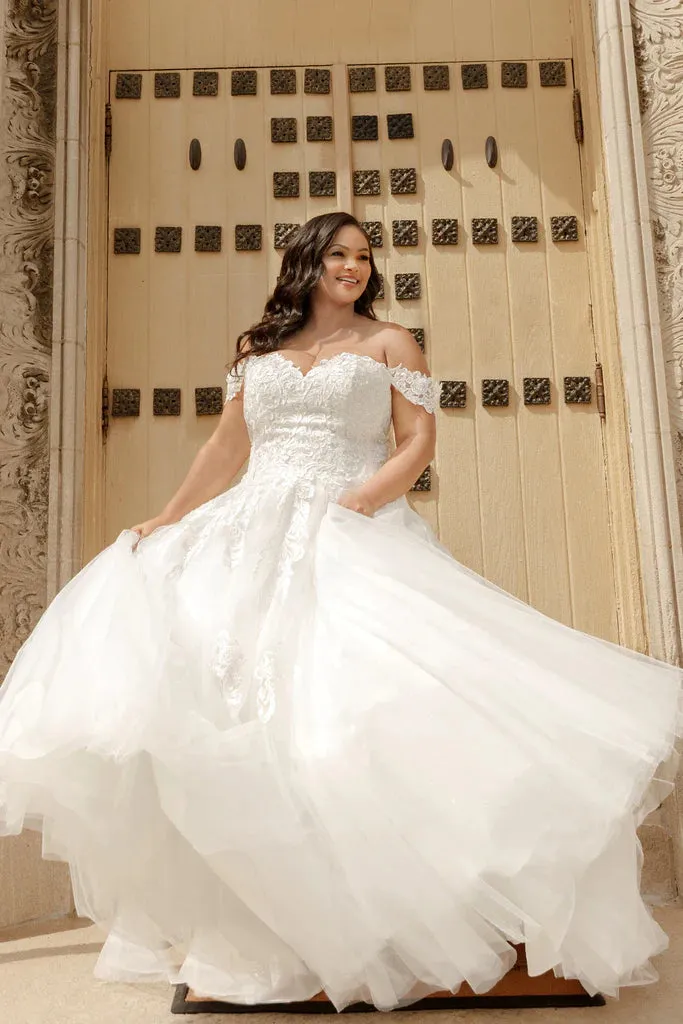 Michelle Bridal For Sydney's Closet MB2310 Soft Bridal Tulle Over Embossed Tulle Floral Pattern Embroidered Lace Appliques Clear Sequins Off The Shoulder Lace Straps  Plus Size "Denali" Bridal Gown