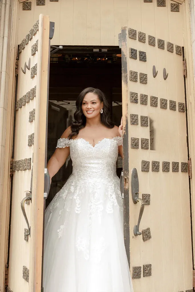 Michelle Bridal For Sydney's Closet MB2310 Soft Bridal Tulle Over Embossed Tulle Floral Pattern Embroidered Lace Appliques Clear Sequins Off The Shoulder Lace Straps  Plus Size "Denali" Bridal Gown